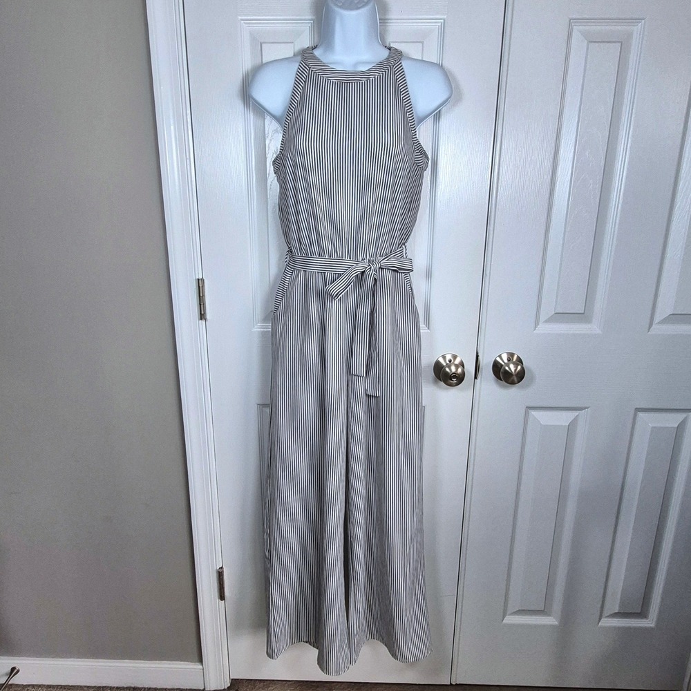 Monteau white gray pinstripe halter top wide leg‎ jumpsuit womens small